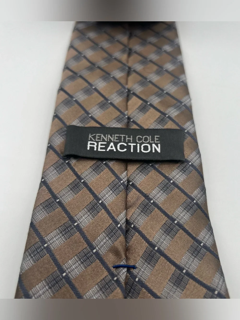 Kenneth Cole Brown and Gray Plaid Silk Tie